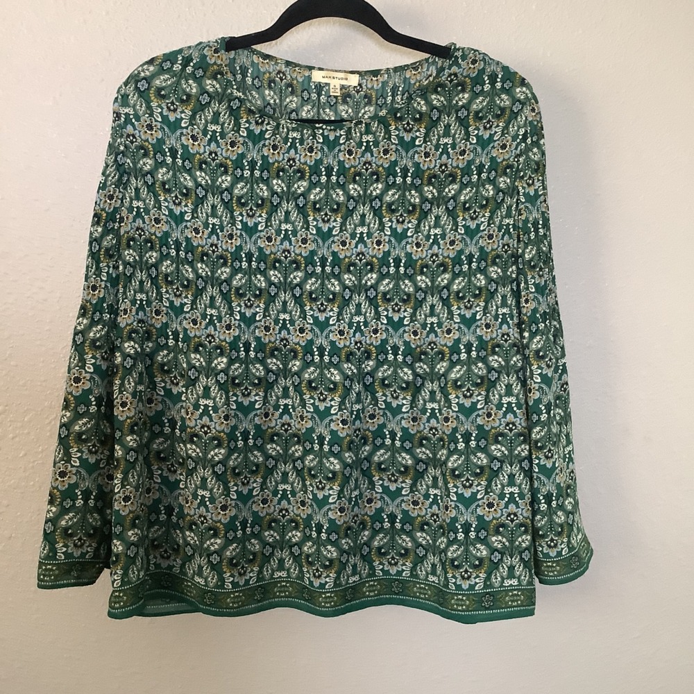 Max Studio Green Floral Bohemian Hippie Boho Chic Summer‎ Casual Long Sleeve S